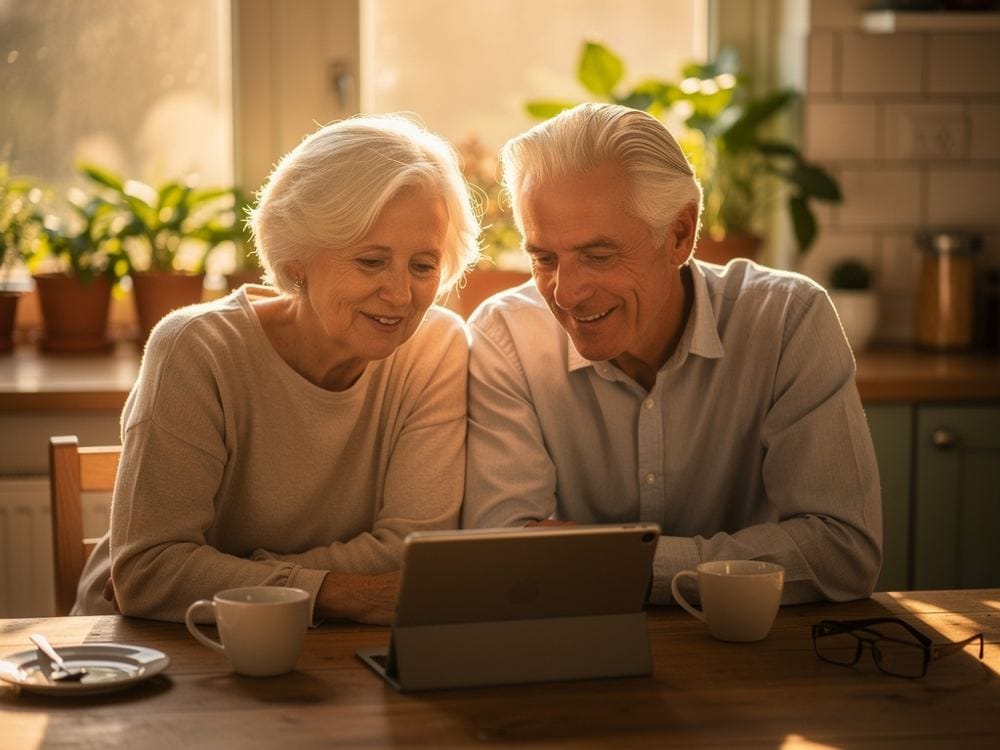 Een ouder echtpaar kijkt samen op een tablet aan de keukentafel